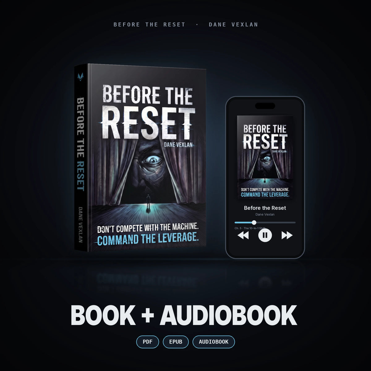 Book + Audiobook edition: the book beside a phone playing the audiobook.
