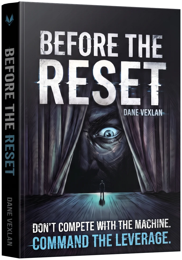 Before the Reset by Dane Vexlan, hardcover book. Cover: an eye peering through stage curtains at a lone figure. Tagline: Don’t compete with the machine. Command the leverage.