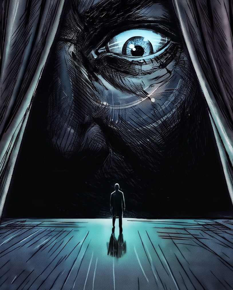 Detail from the Before the Reset cover: a giant eye watching through parted stage curtains.