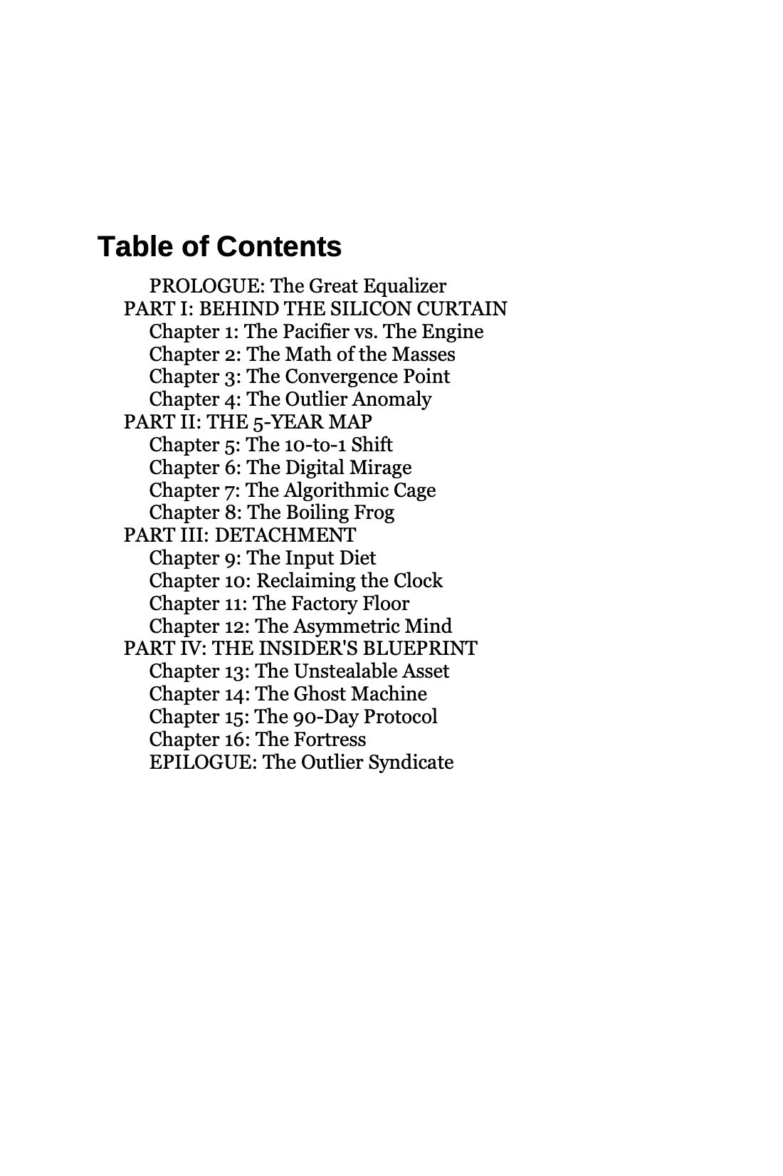 The book’s table of contents: Prologue, Parts I to IV with chapters 1 to 16, and Epilogue.
