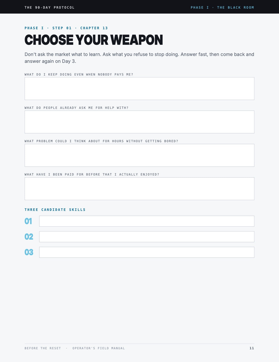 Field Manual page 11: Choose Your Weapon.